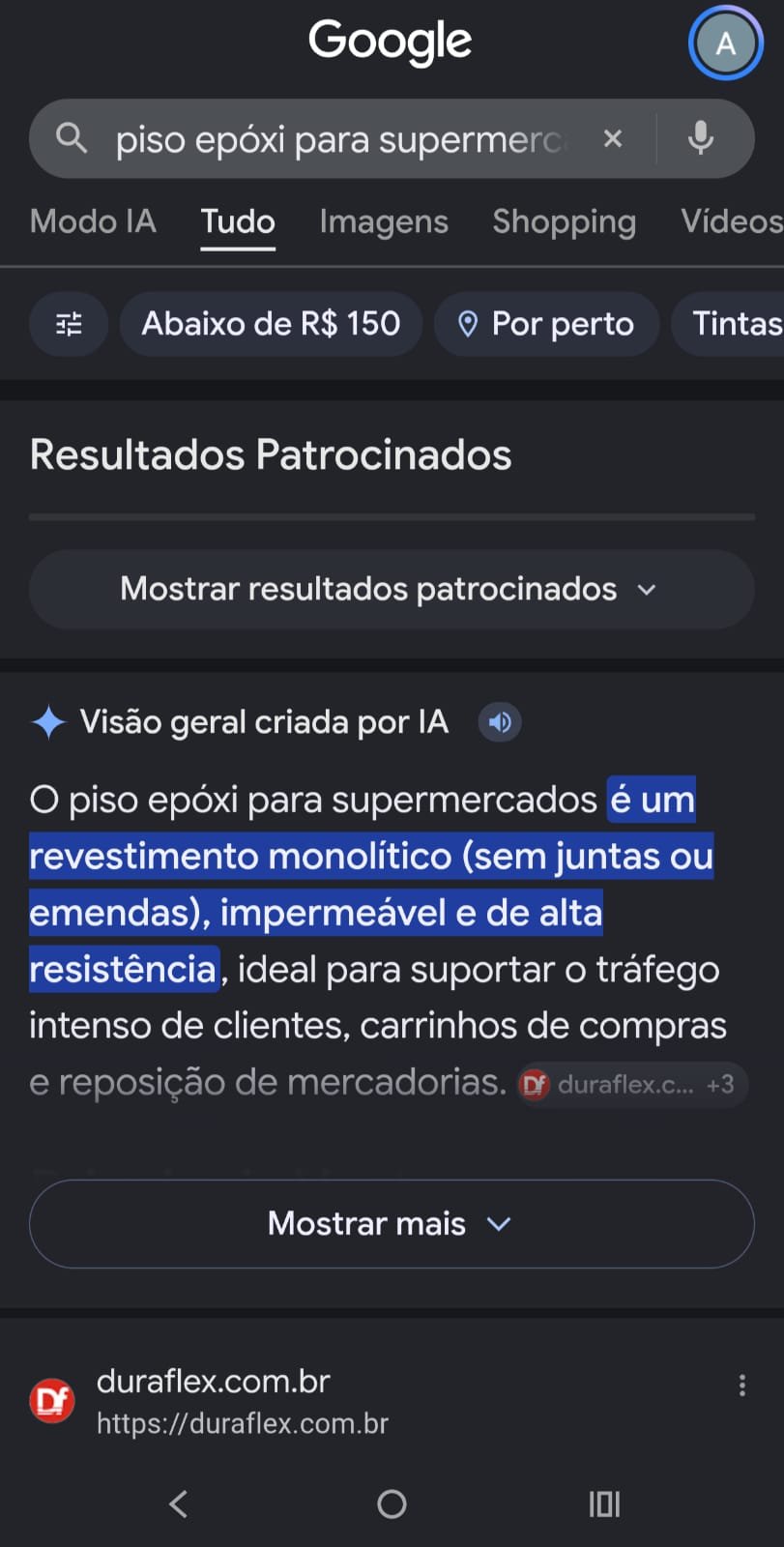 Busca no Google por piso epóxi para supermercados com o cliente citado na Visão Geral criada por IA e presente no resultado orgânico.