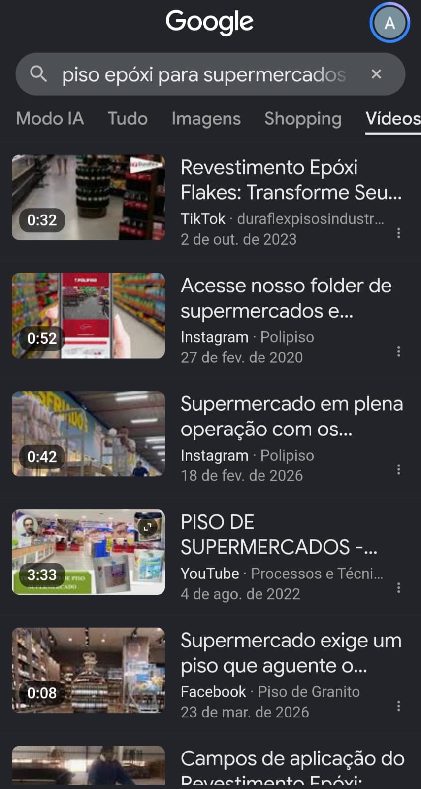 Vídeos curtos do Google para piso epóxi para supermercados mostrando conteúdo do cliente publicado originalmente no TikTok.